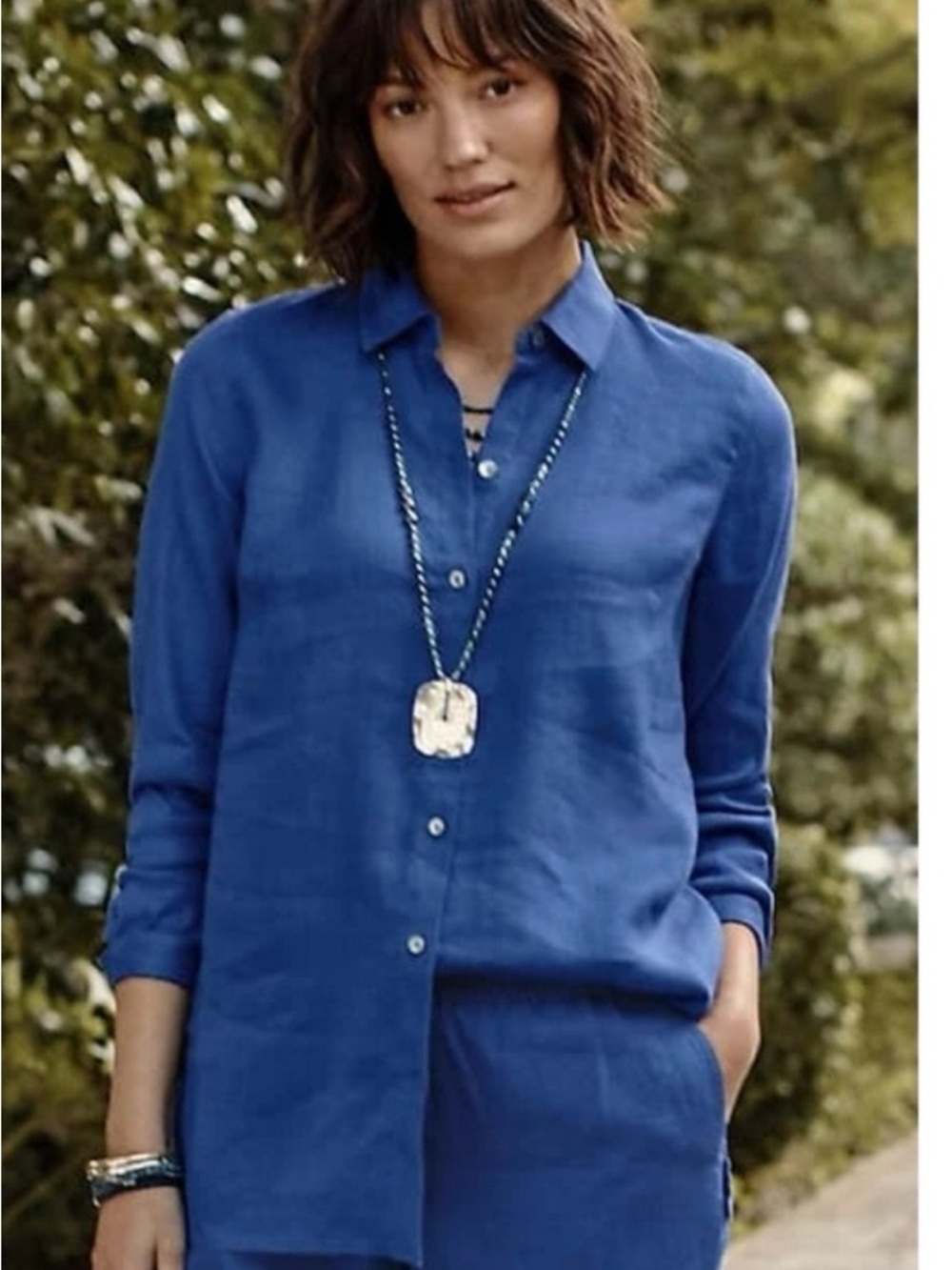 J. Jill Everyday Linen Button Down Indigo Blue- Medium